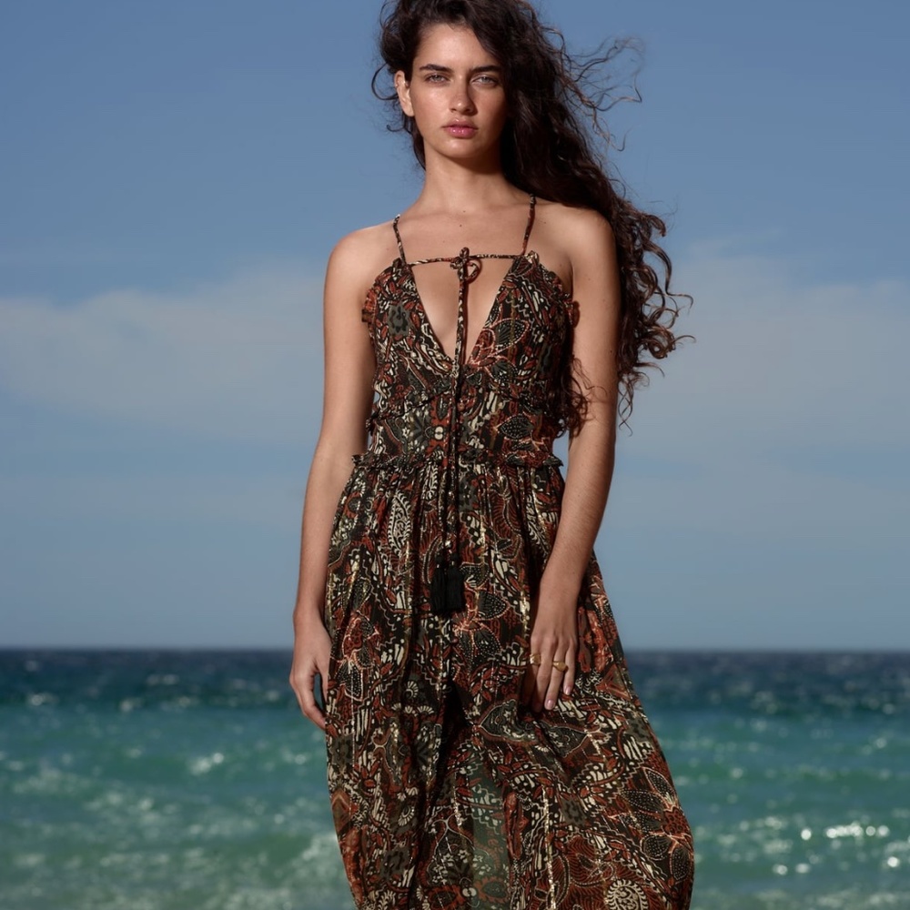 Zara Brown & Olive Printed Spaghetti-Strap Midi Dress